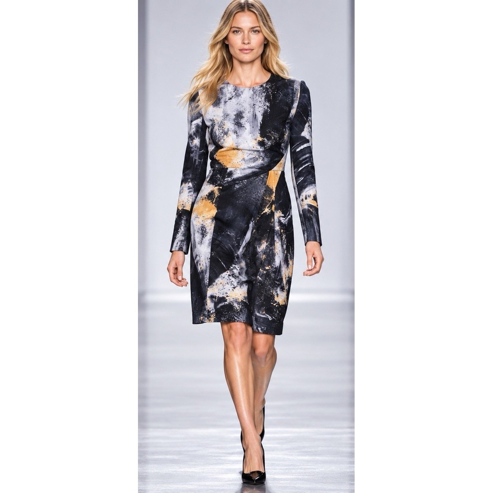 Helmut Lang Cubist Abstract Print Crepe Long Sleeve Sheath Dress Designer Size 8